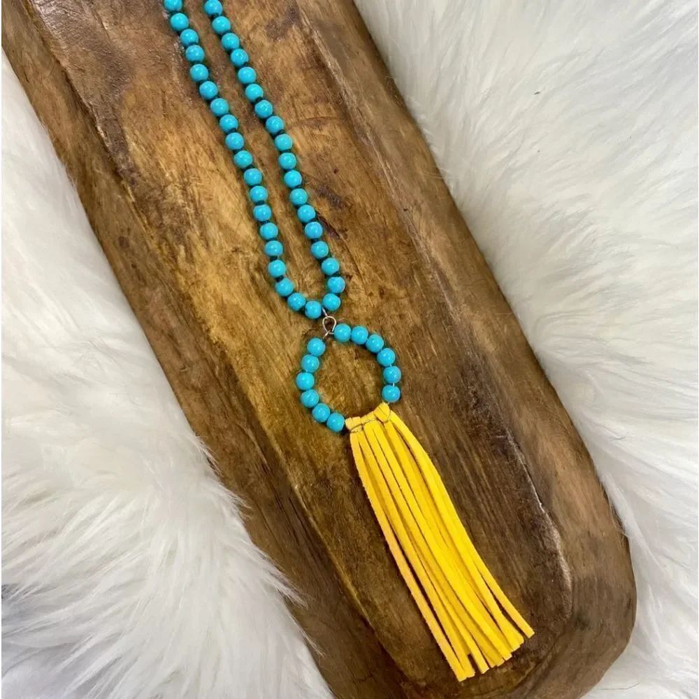 Blue Beaded Necklace with Suede